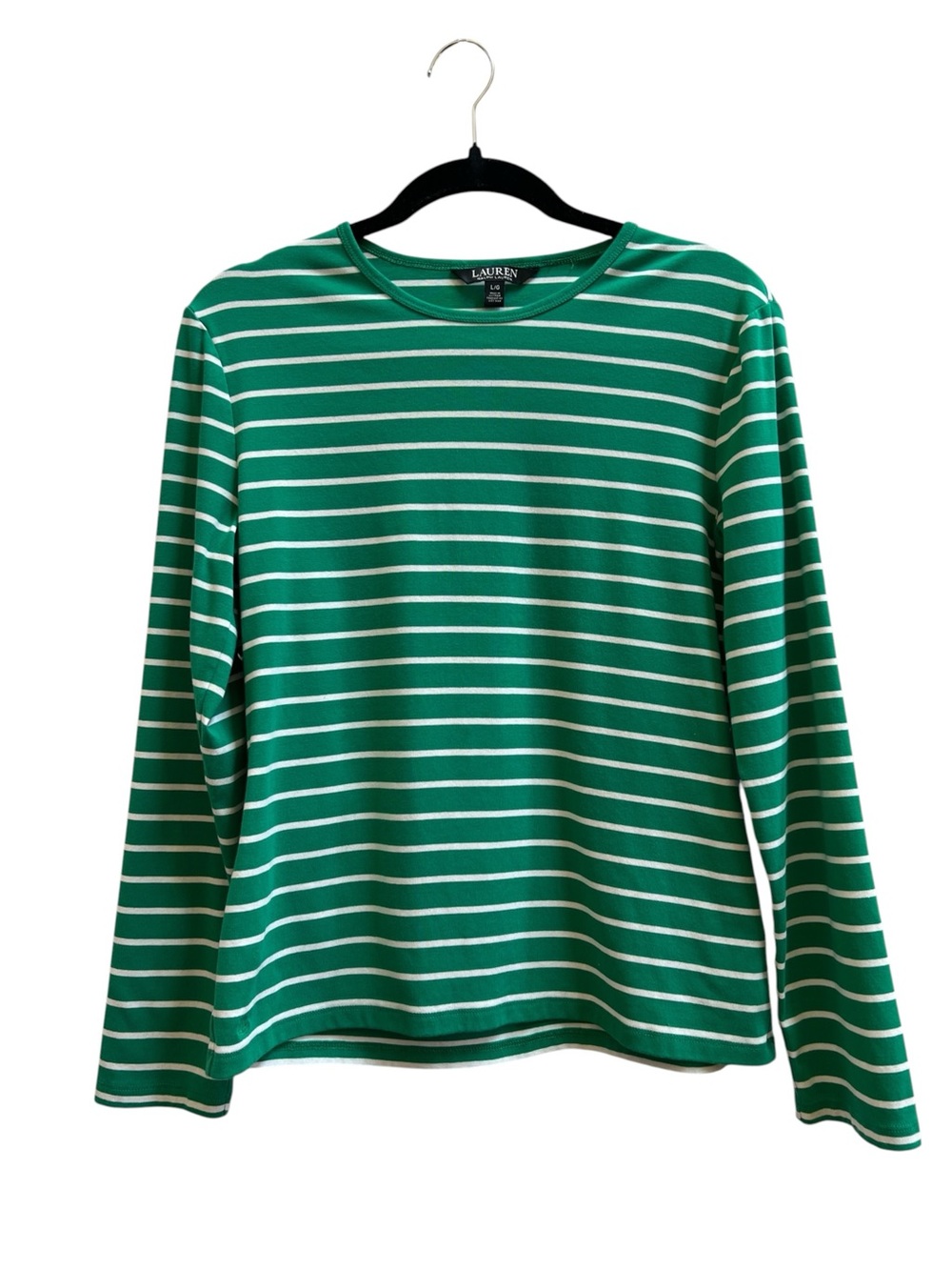 Lauren Ralph Lauren Green White Striped Cotton Top L Nautical Coastal Preppy - Picture 2 of 6